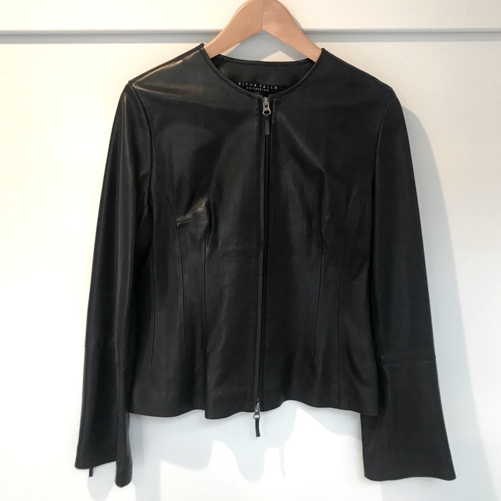 Marimekko Ritva Falla Black Leather Jacket Women Sz 38 M Collarless Zip Front